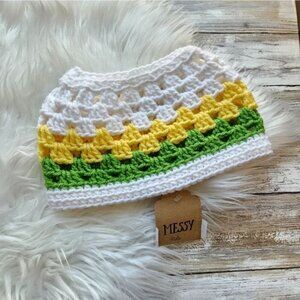 Kids 20" Messy Bun Hat from Cotton N' Kandi on Etsy, Crochet, Green and Yellow